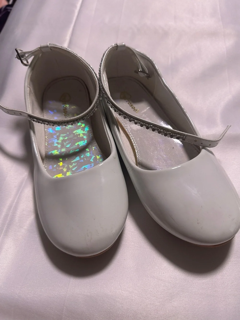 PARROSOO Girls Size 3 White Rhinestone Mary Jane Dress Shoes